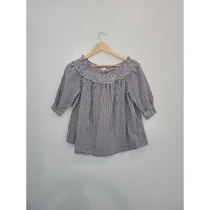 Black White Gingham Smocked Off Shoulder Ruffle Blouse‎ Top Women's Size Medium